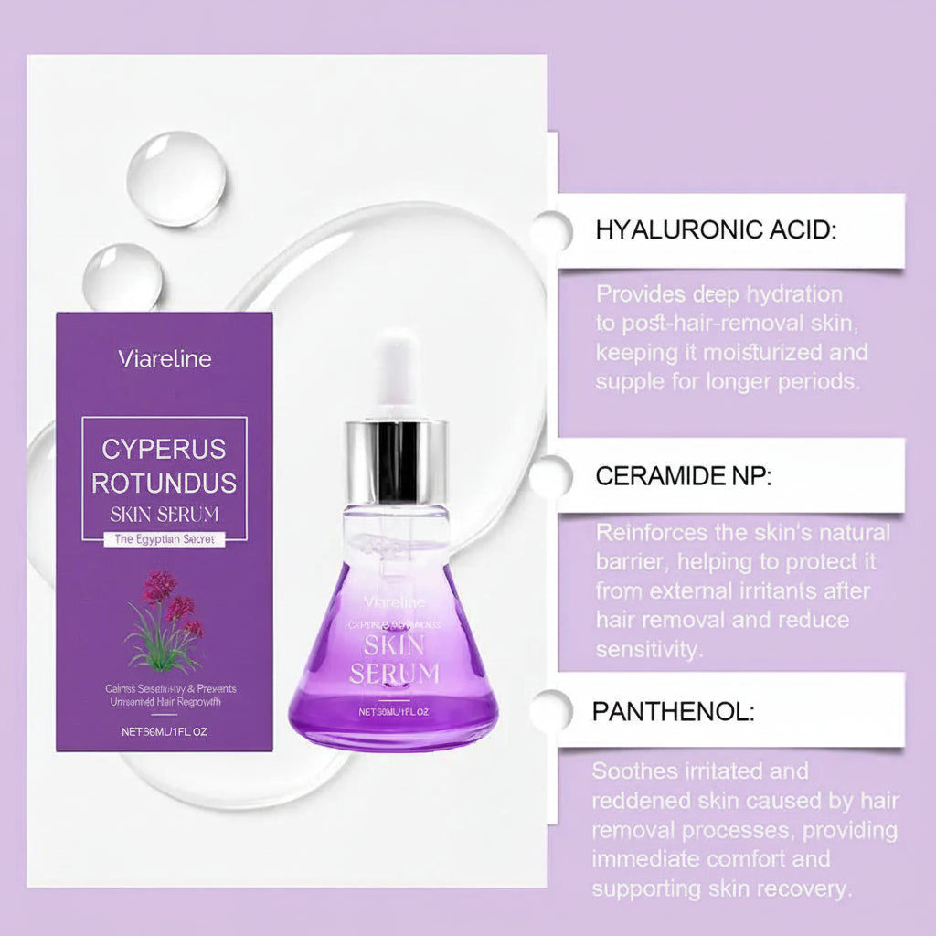 Viareline Cyperus Rotundus Skin Serum with product packaging and benefits on a purple background