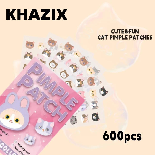 KHAZIX pimple patches with cat designs on a beige background
