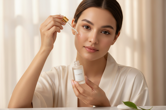 Young woman applying face serum with glowing healthy skin - PIMORA Skincare Tips