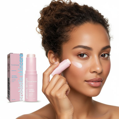 Rosehip Eye Balm with packaging and a model wearing eye patches, branded as West&Month.