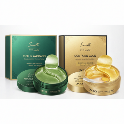 ZOZU eye mask packaging with green and gold boxes and containers on a white background
