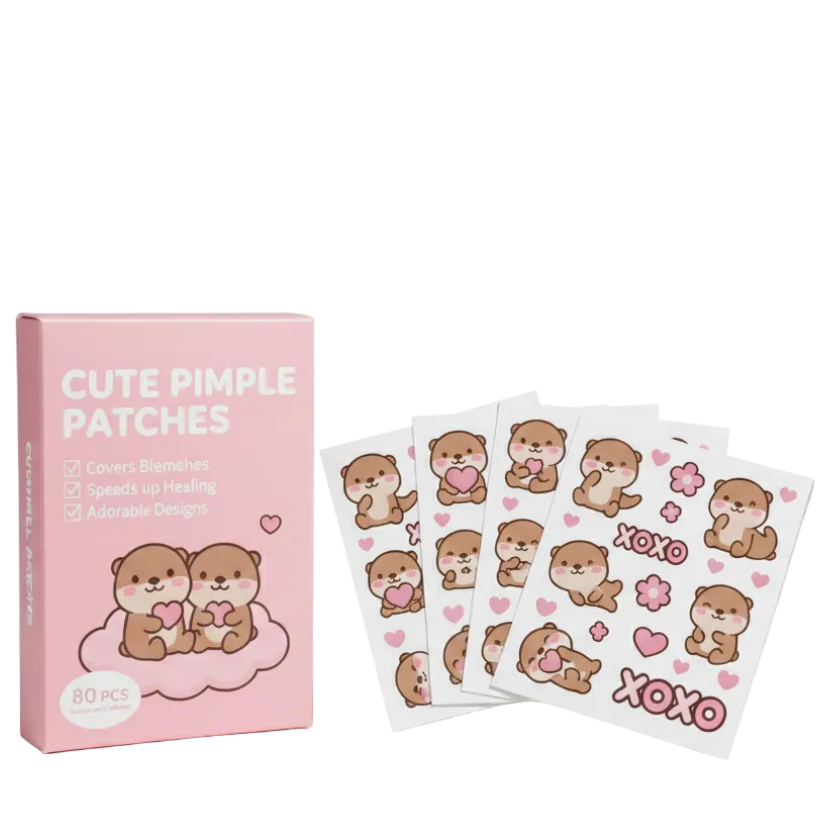 Cute pimple patches packaging with cartoon couple stickers on a beige background