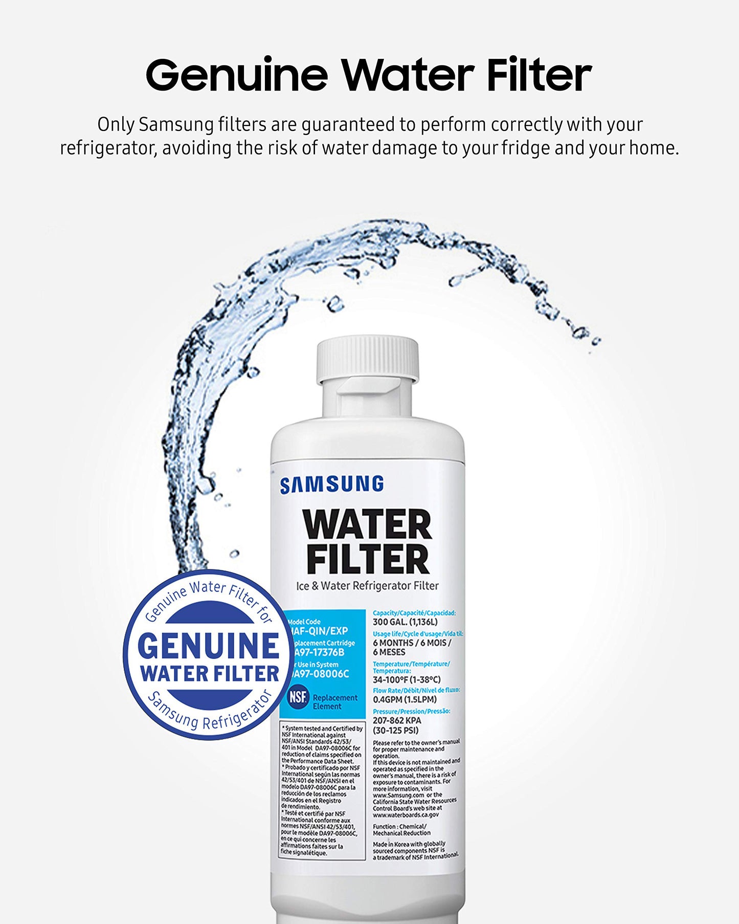 DA97-17376B Refrigerator Water Filter, Reduces Harmful Contaminants for Clean Drinking Water, Easy Install