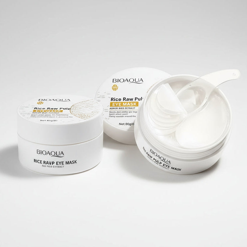 Bioaqua Rice Raw Pulp Eye Mask container with a spoon on a beige background