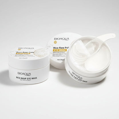 Bioaqua Rice Raw Pulp Eye Mask container with a spoon on a beige background