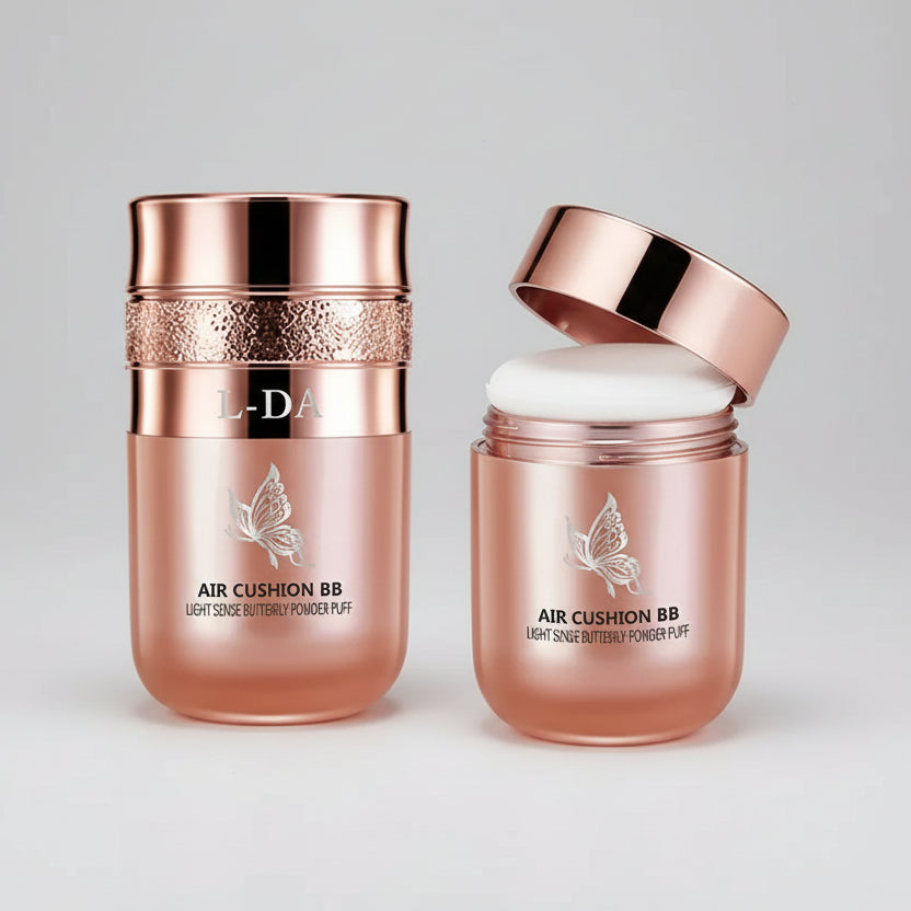 L-DA Air Cushion BB cream with rose gold packaging on a yellow background