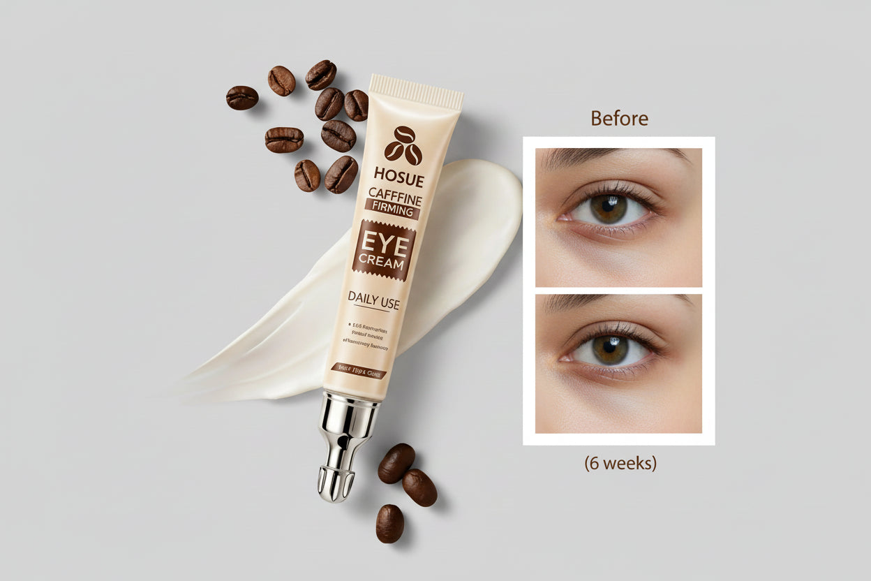 Eye cream tube with coffee beans, showing before and after effects on dark circles and puffiness.
