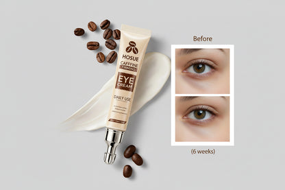 Eye cream tube with coffee beans, showing before and after effects on dark circles and puffiness.