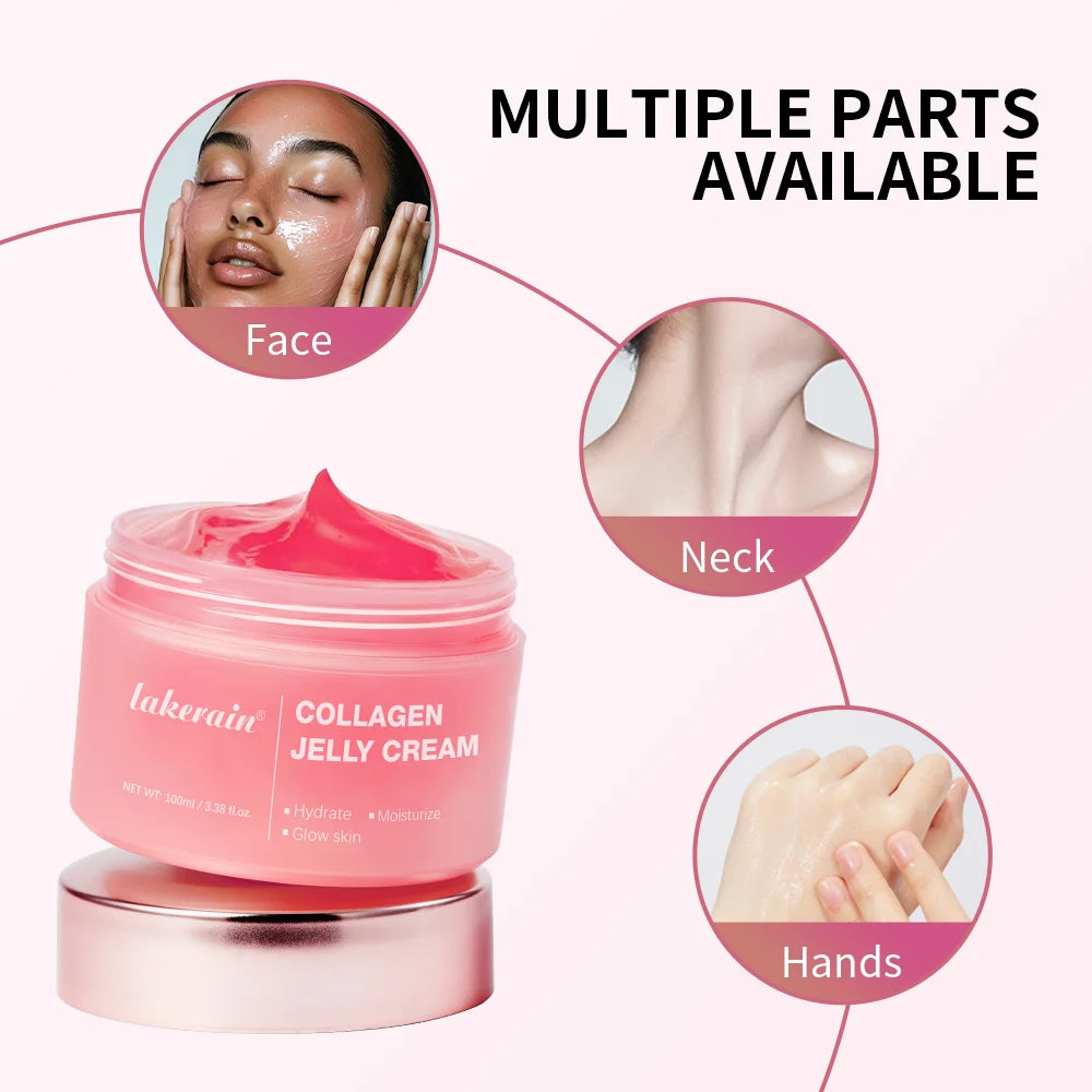Pink collagen jelly cream jar with close-ups of face, neck, and hands on a white background.