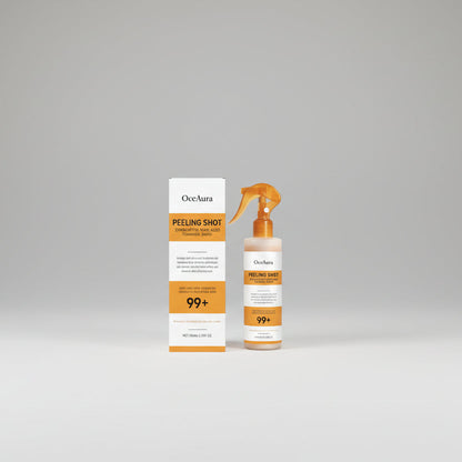 OceAura Peeling Shot product with packaging and a model in the background