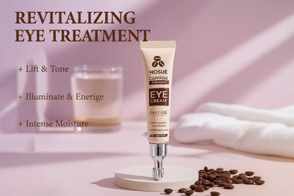 Hosue caffeine firming eye cream with coffee beans on a beige background