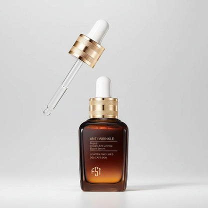 Anti-wrinkle serum bottle with dropper on a white background