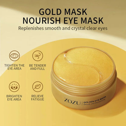 ZOZU Gold Mask Nourish Eye Mask jar on a yellow background with text and icons.