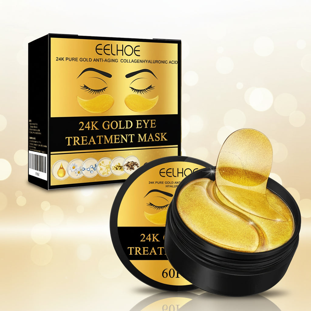 24K Gold Eye Treatment Mask with packaging on a white background